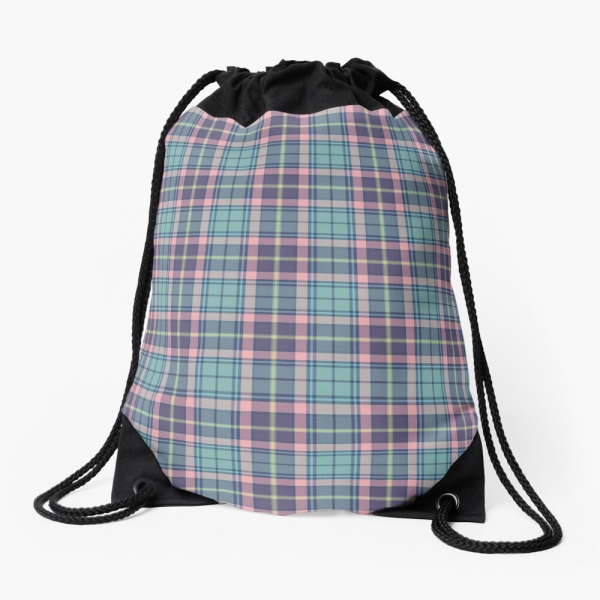 Aqua, pink, and lavender plaid drawstring bag