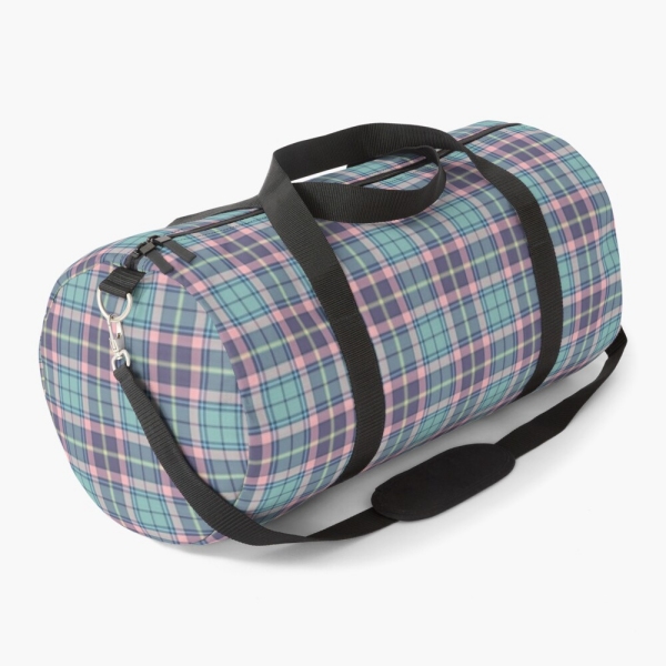 Aqua, pink, and lavender plaid duffle bag