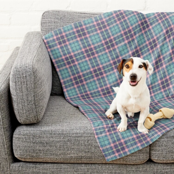 Aqua, pink, and lavender plaid pet blanket