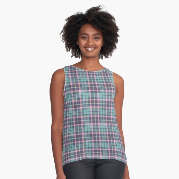 Aqua, pink, and lavender plaid sleeveless top