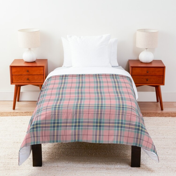 Pink, mint green, and yellow pastel plaid comforter