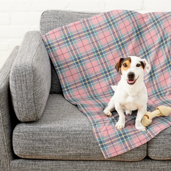 Pink, mint green, and yellow pastel plaid pet blanket