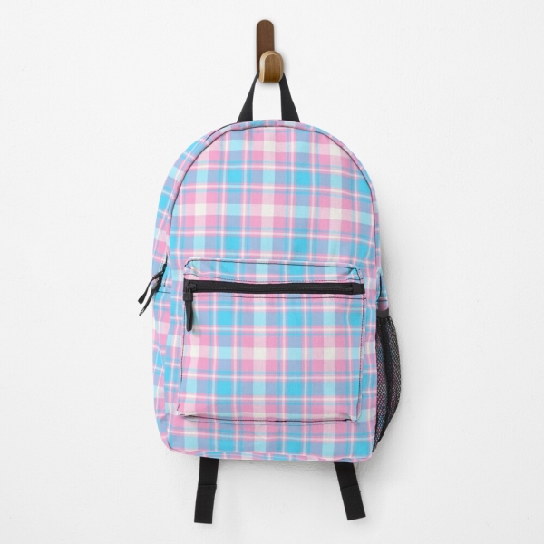 Baby blue, pink, and white plaid backpack