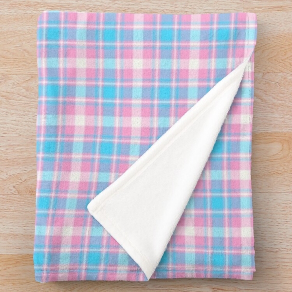 Baby blue, pink, and white plaid fleece throw blanket