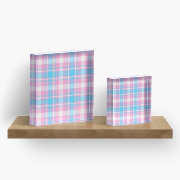 Baby blue, pink, and white plaid acrylic block