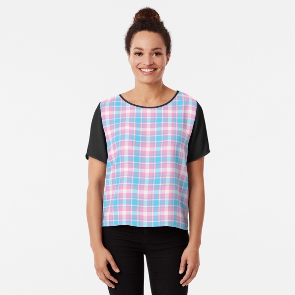 Baby blue, pink, and white plaid chiffon top