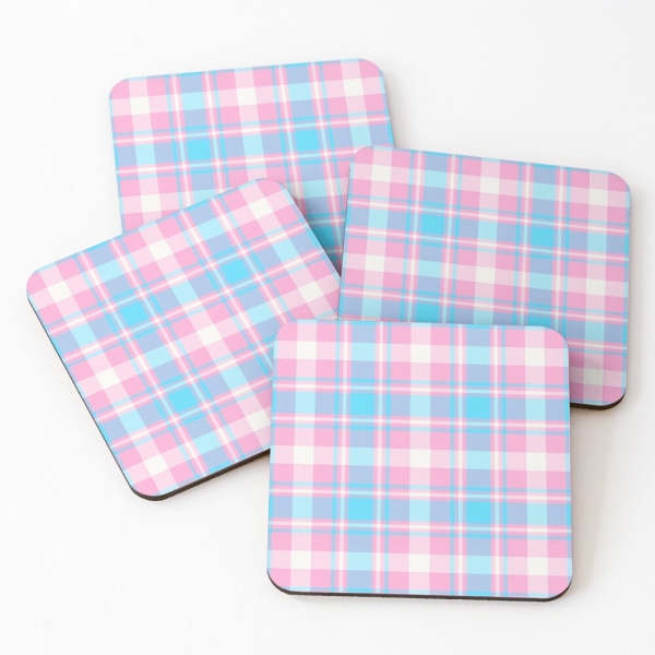 Baby blue, pink, and white plaid beverage coasters