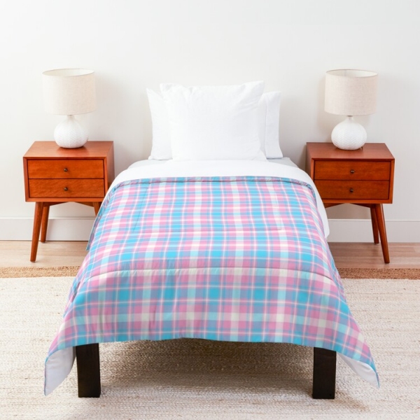 Baby blue, pink, and white plaid comforter