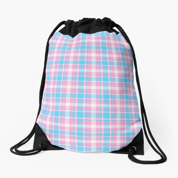 Baby blue, pink, and white plaid drawstring bag