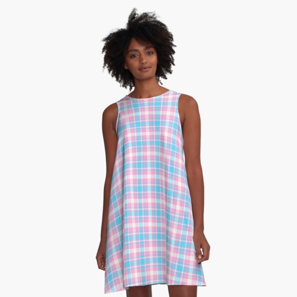Baby blue, pink, and white plaid a-line dress