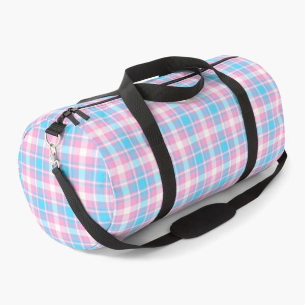 Baby blue, pink, and white plaid duffle bag