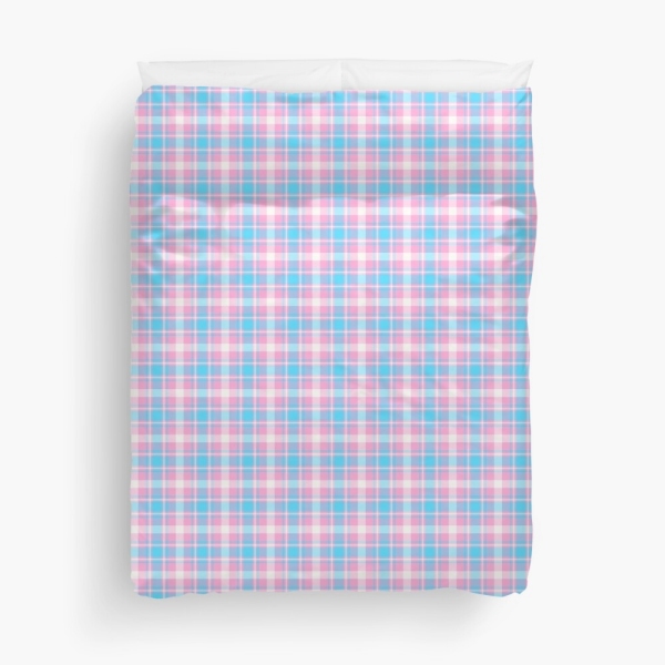 Baby blue, pink, and white plaid duvet cover