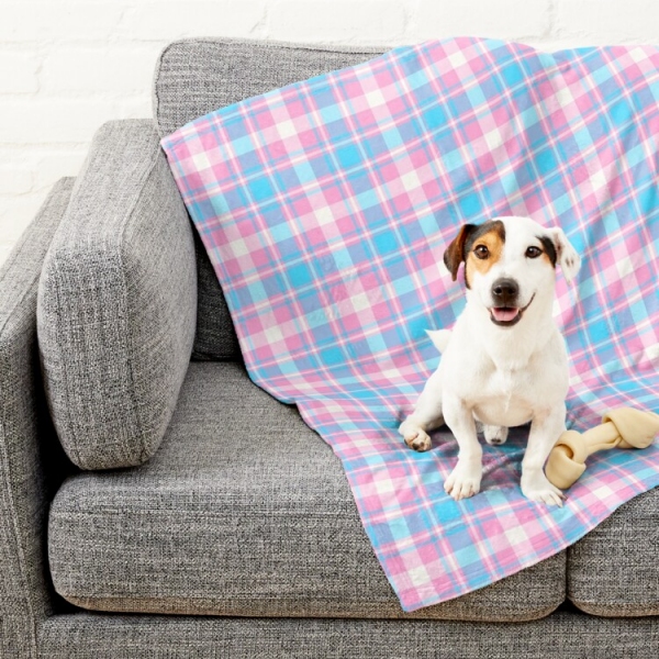 Baby blue, pink, and white plaid pet blanket