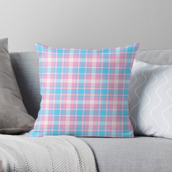 Baby blue, pink, and white plaid throw pillow
