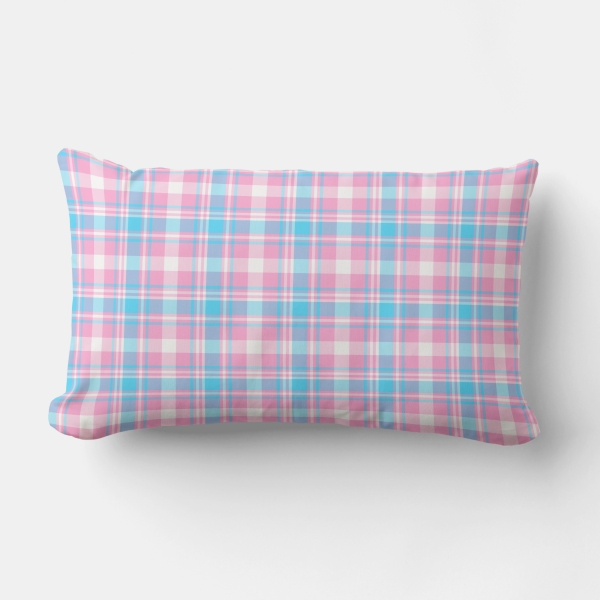 Baby blue, pink, and white plaid lumbar cushion