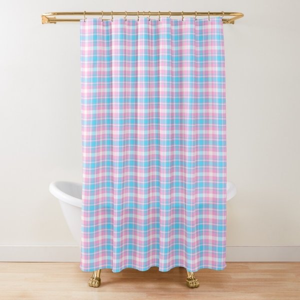 Baby blue, pink, and white plaid shower curtain