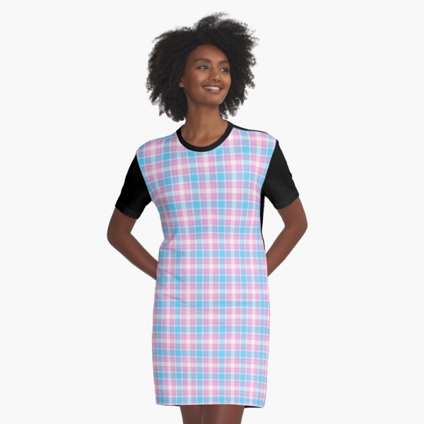 Baby blue, pink, and white plaid tee shirt dress