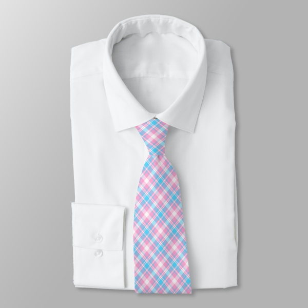 Baby blue, pink, and white plaid necktie