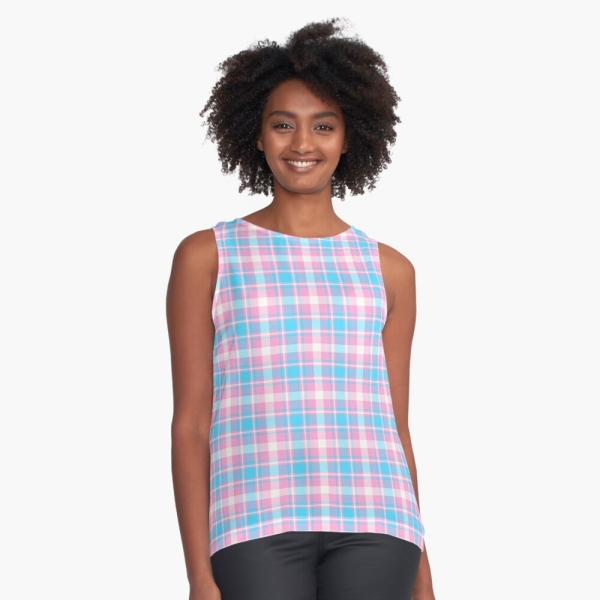 Baby blue, pink, and white plaid sleeveless top