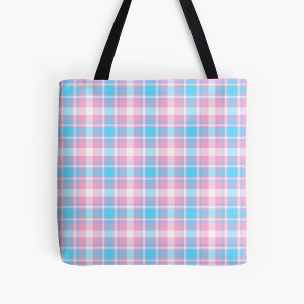 Baby blue, pink, and white plaid tote bag