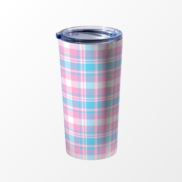 Baby blue, pink, and white plaid travel mug