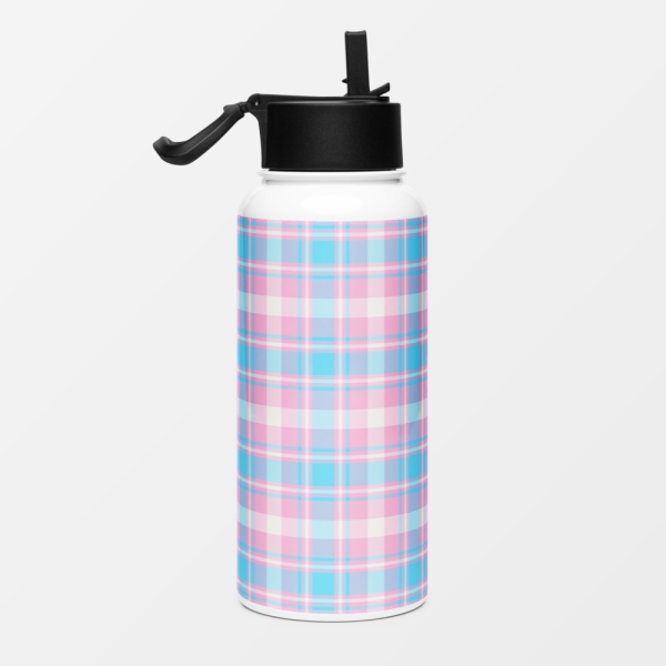 Baby blue, pink, and white plaid water jug