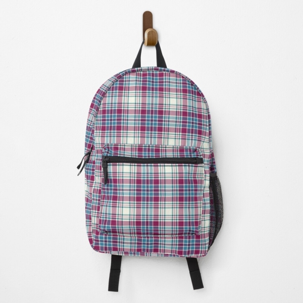 Magenta, turquoise, and white plaid backpack