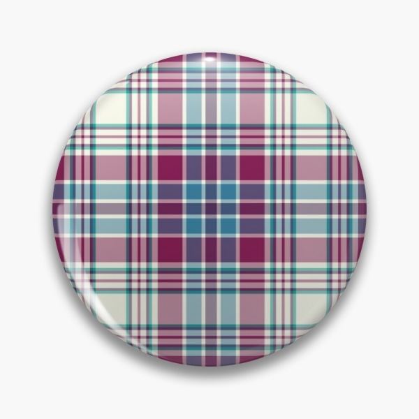 Magenta, turquoise, and white plaid pinback button