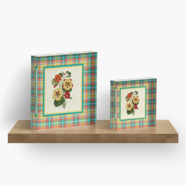 Bright yellow plaid with vintage nasturtiums acrylic block