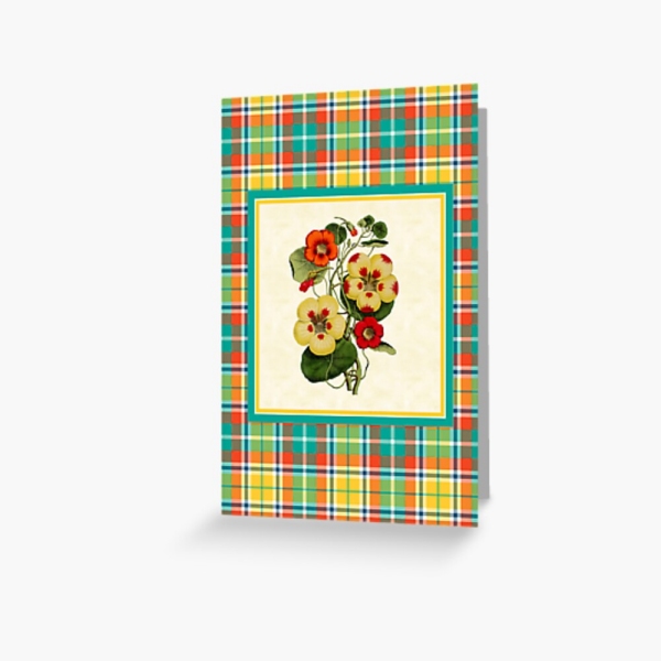 Bright yellow plaid with vintage nasturtiums greeting card