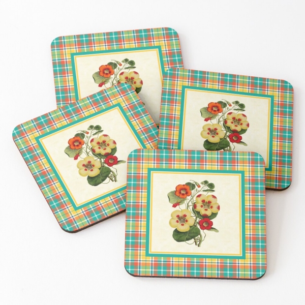 Bright yellow plaid with vintage nasturtiums beverage coasters