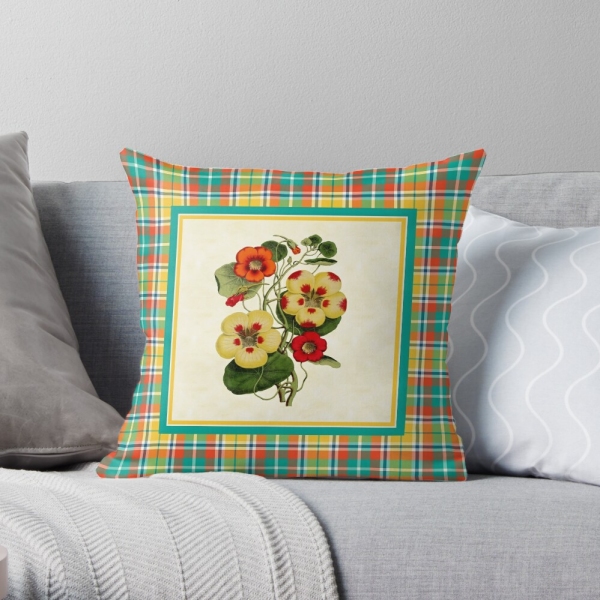 Bright yellow plaid with vintage nasturtiums throw pillow