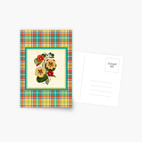 Bright yellow plaid with vintage nasturtiums postcard