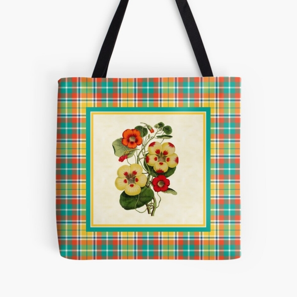 Bright yellow plaid with vintage nasturtiums tote bag