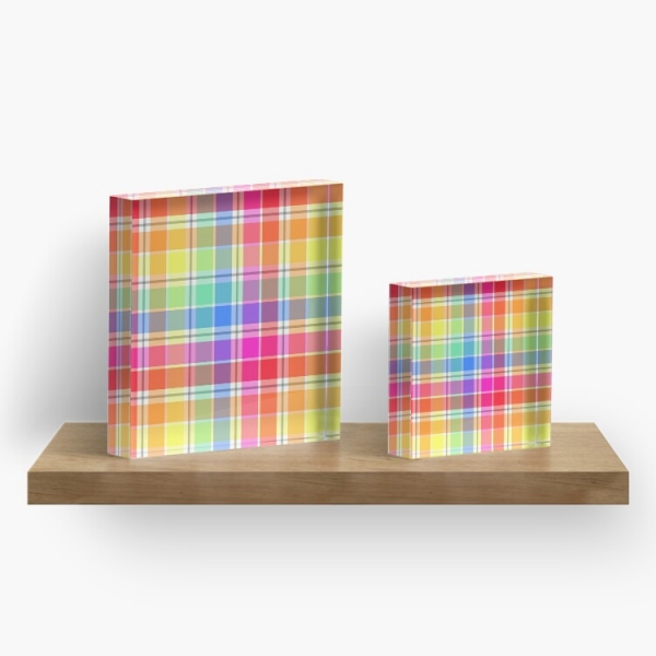 Bright pastel rainbow plaid acrylic block
