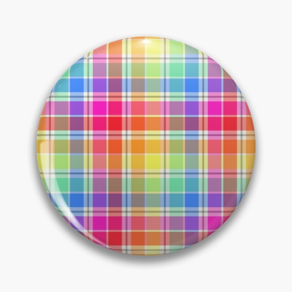 Bright pastel rainbow plaid pinback button