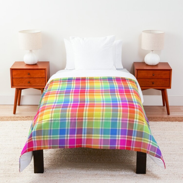 Bright pastel rainbow plaid comforter
