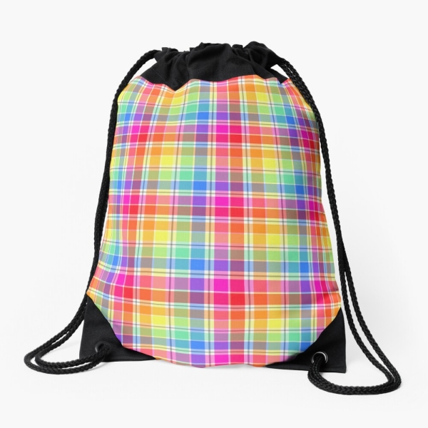 Bright pastel rainbow plaid drawstring bag