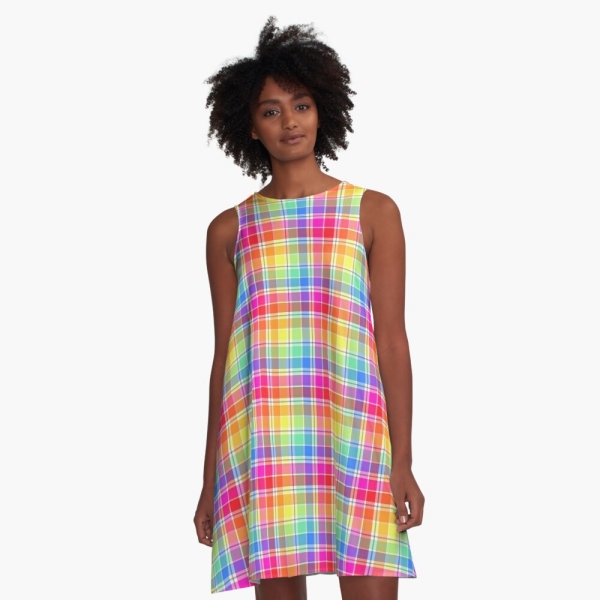 Bright pastel rainbow plaid a-line dress