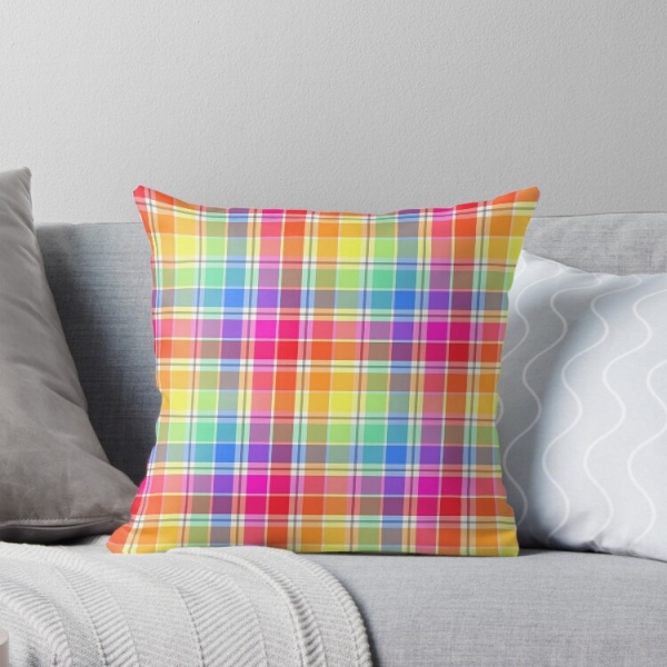 Bright pastel rainbow plaid throw pillow