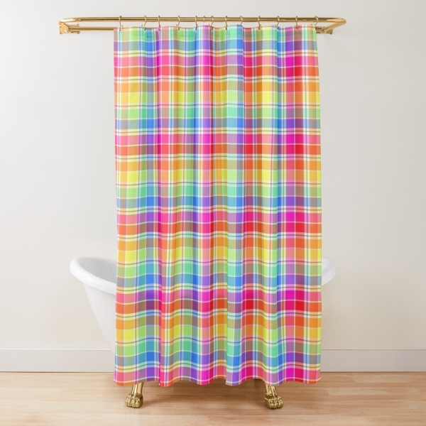 Bright pastel rainbow plaid shower curtain