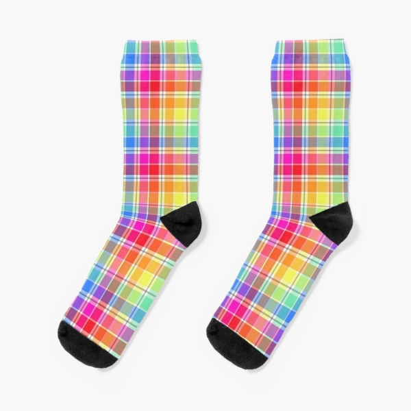 Bright pastel rainbow plaid socks