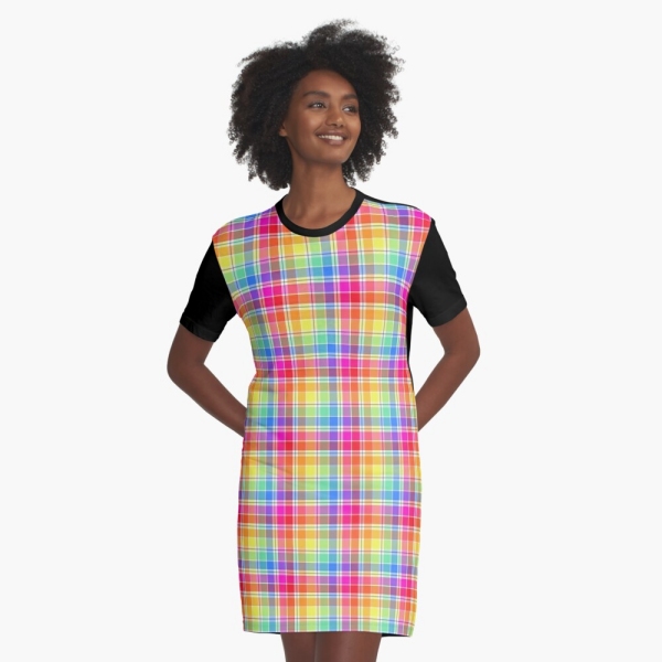 Bright pastel rainbow plaid tee shirt dress