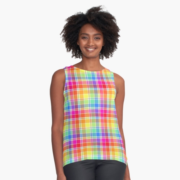 Bright pastel rainbow plaid sleeveless top