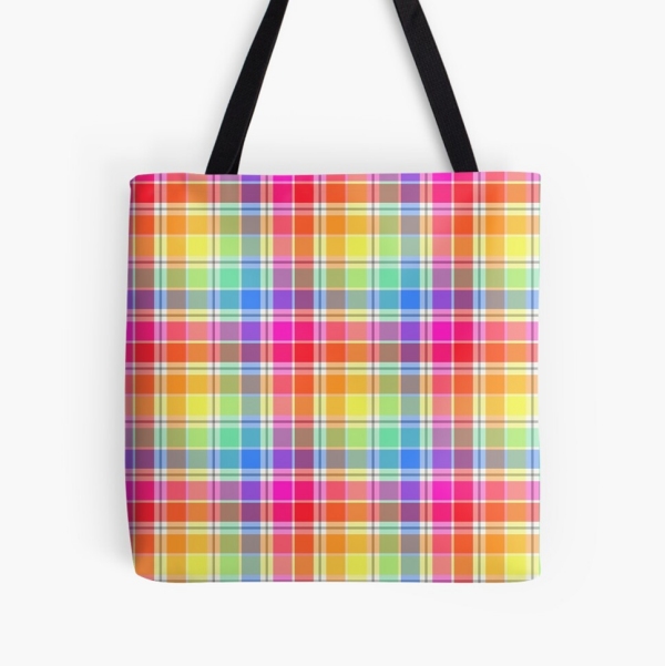 Bright pastel rainbow plaid tote bag