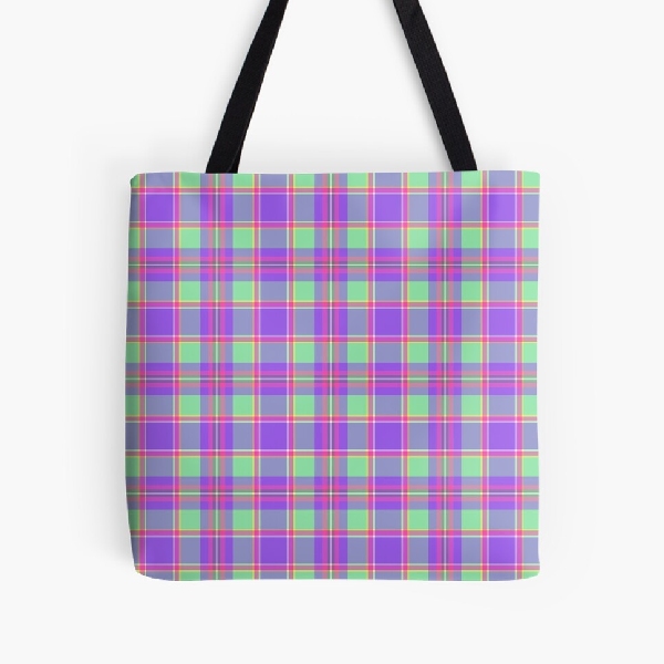 Purple, mint green, and hot pink plaid tote bag
