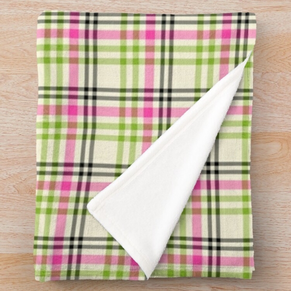 Pink and lime green vintage plaid fleece throw blanket