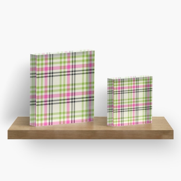 Pink and lime green vintage plaid acrylic block