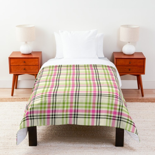 Pink and lime green vintage plaid comforter