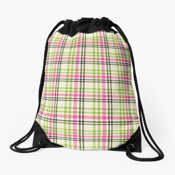 Pink and lime green vintage plaid drawstring bag